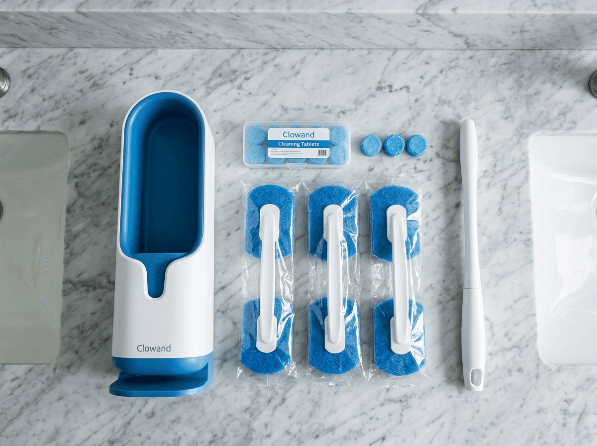 Gift-wrapped disposable toilet brush kit with ribbon and card