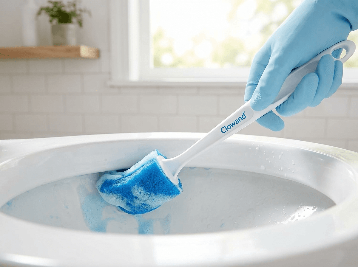 Senior person comfortably cleaning toilet with extended handle brush